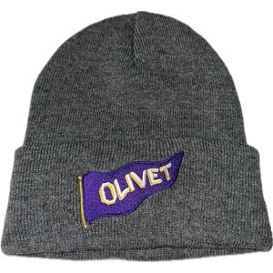 Gray Cuffed Knit Beanie‎ Purple Yellow "OLIVET" Pennant Embroidered
